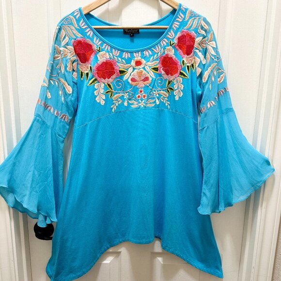 Tunique Embroidered Chiffon Tunic Top Women's Size S Blue Bell Sleeves Boho Chic - Picture 6 of 15